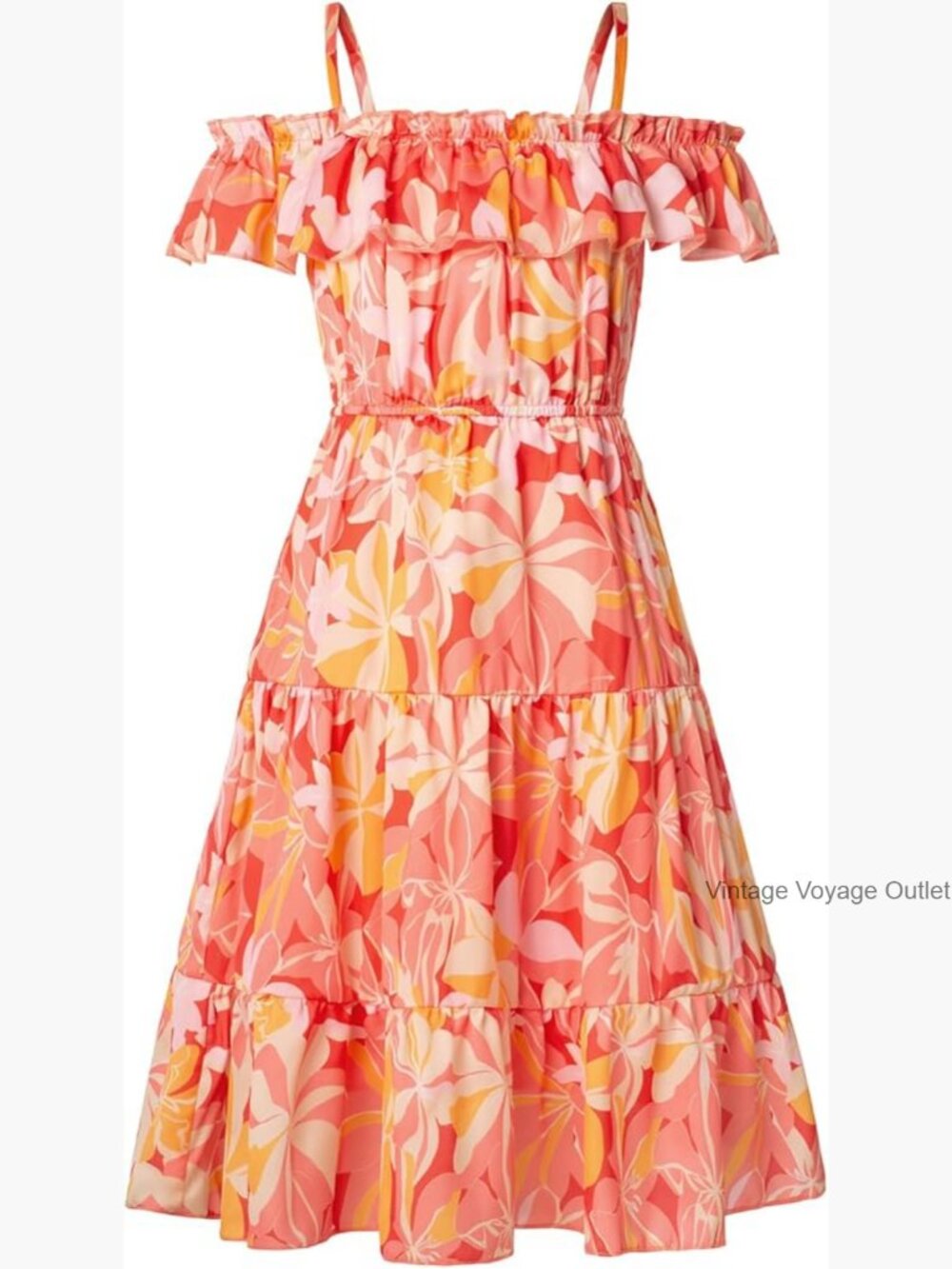 Girls Off Shoulder Floral Tiered Midi Sundress Ruffle Spaghetti Strap - Picture 1 of 7